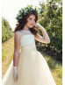 Sleeveless Beaded Champagne Tulle Corset Back Floor Length Flower Girl Dress